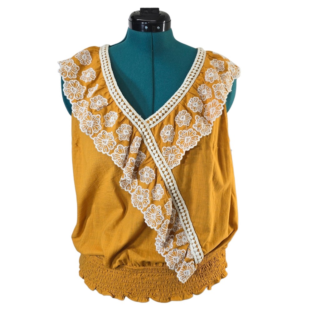 Broadway 38 Blouse 1X Yellow Sleeveless‎ Floral Embroidered Smocked Waist Boho